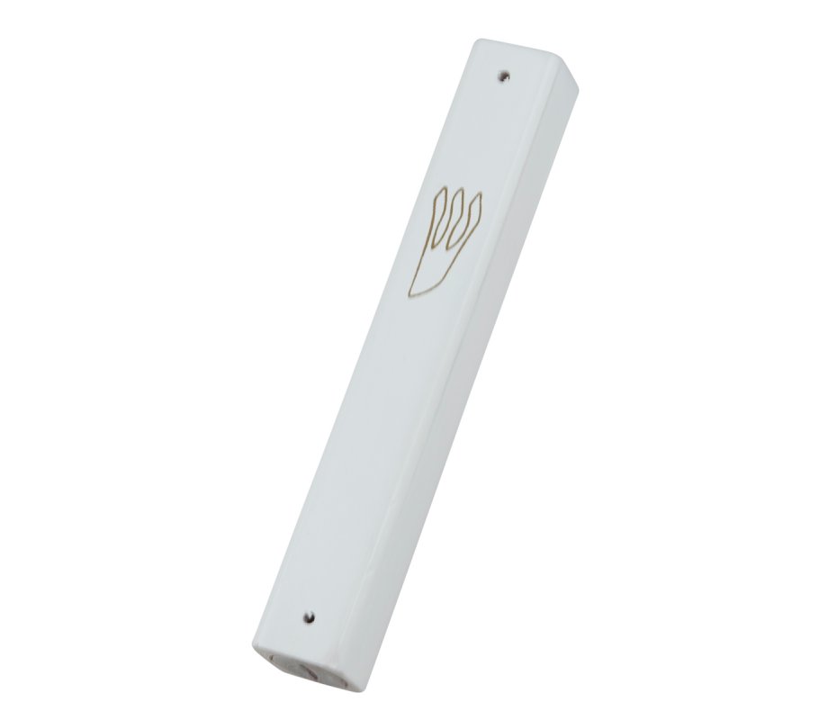 Mezuzah Case of White Wood with Gold Shin Outline