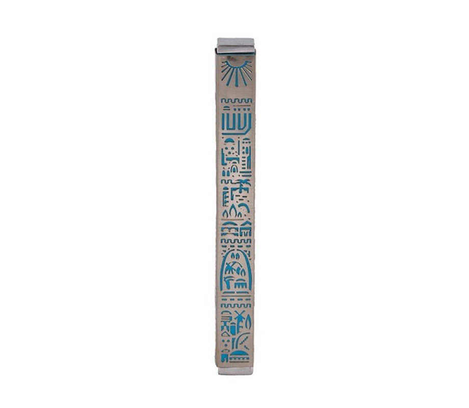Mezuzah Case with Cutout Jerusalem Design, Silver and Turquoise- Yair Emanuel