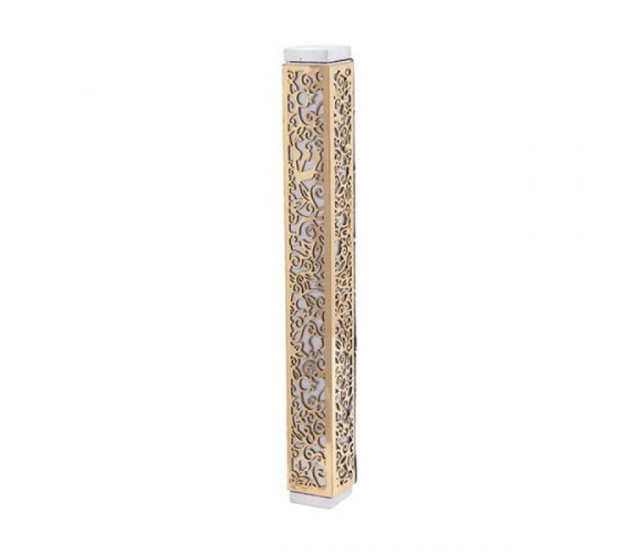 Mezuzah Case with Cutout Pomegranates and Flowers, Gold on Silver - Yair Emanuel