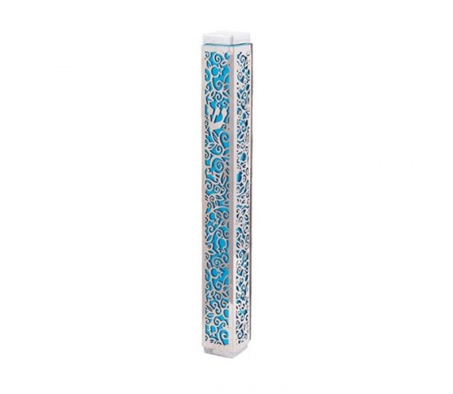 Mezuzah Case with Cutout Pomegranates and Flowers, Turquoise - Yair Emanuel