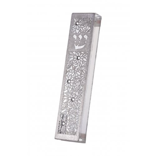 Mezuzah Case with Cutout Steel, Flowerburst, Clear Crystals - Dorit Judaica