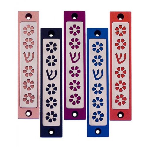 Mezuzah Case with Five Flowers and Shin in Dark Colors, 4 Inches Height - Agayof