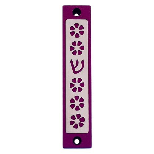 Mezuzah Case with Five Flowers and Shin in Dark Colors, 4 Inches Height - Agayof