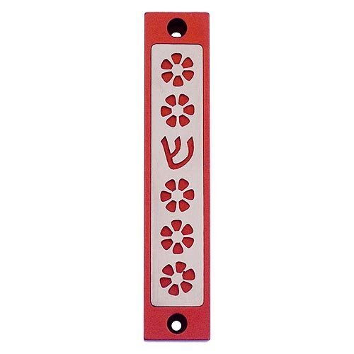 Mezuzah Case with Five Flowers and Shin in Dark Colors, 4 Inches Height - Agayof