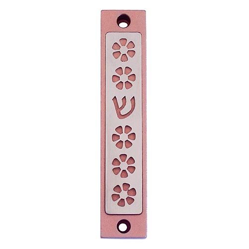 Mezuzah Case with Five Flowers and Shin in Dark Colors, 4 Inches Height - Agayof