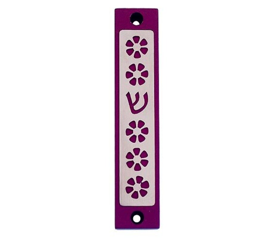Mezuzah Case with Five Flowers and Shin in Dark Colors, 4 Inches Height - Agayof