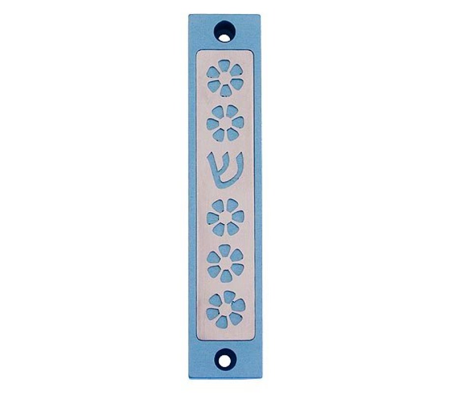 Mezuzah Case with Five Flowers and Shin in Light Colors, 4 Inches Height - Agayof