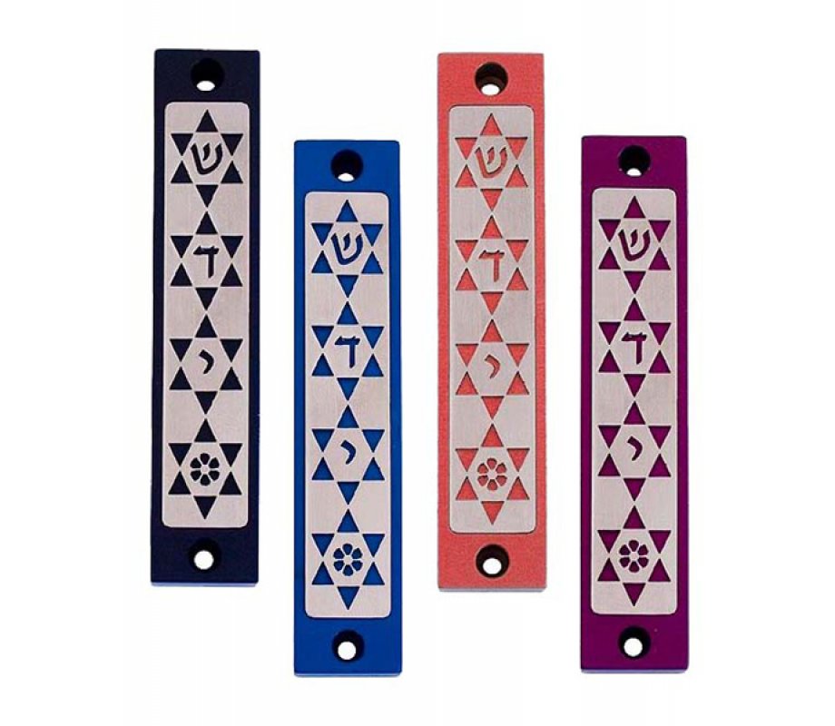 Mezuzah Case with Four Stars of David, In Dark Colors at 4 Inches Height - Agayof