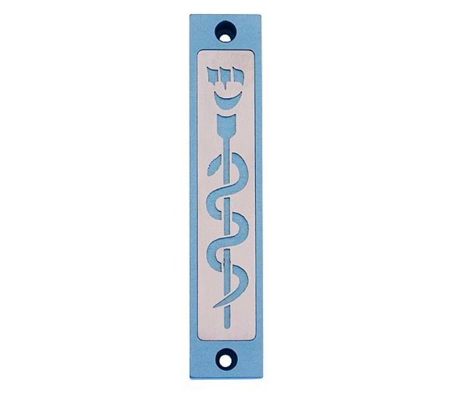 Mezuzah Case with Healing Snake Image in Light Colors at 4 Inches Height - Agayof