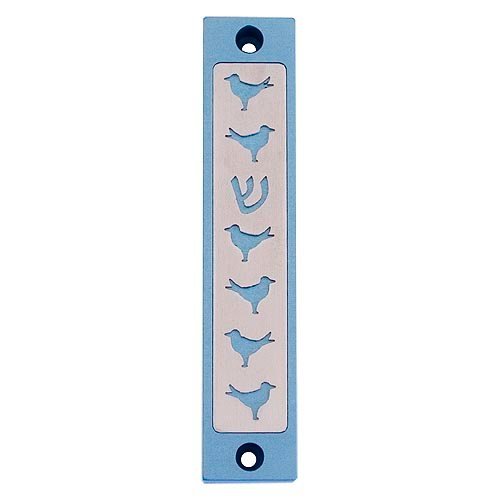 Mezuzah Case with Six Doves and Shin, In Light Colors, 4 Inches Height - Agayof