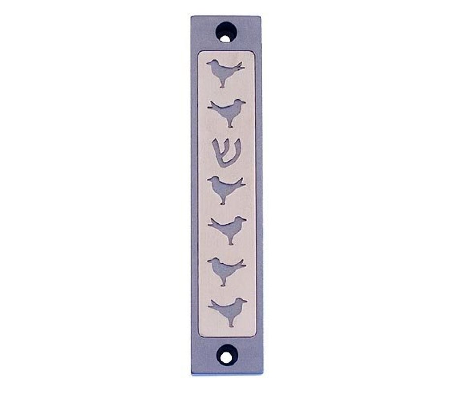 Mezuzah Case with Six Doves and Shin, In Light Colors, 4 Inches Height - Agayof