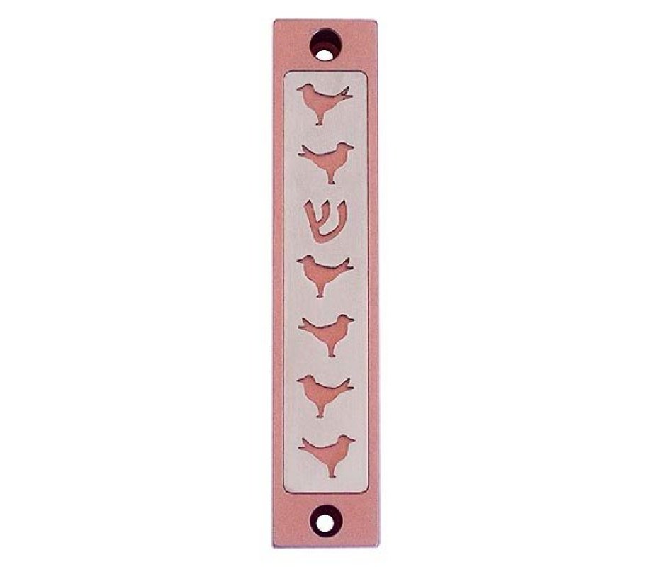 Mezuzah Case with Six Doves and Shin, In Light Colors, 4 Inches Height - Agayof
