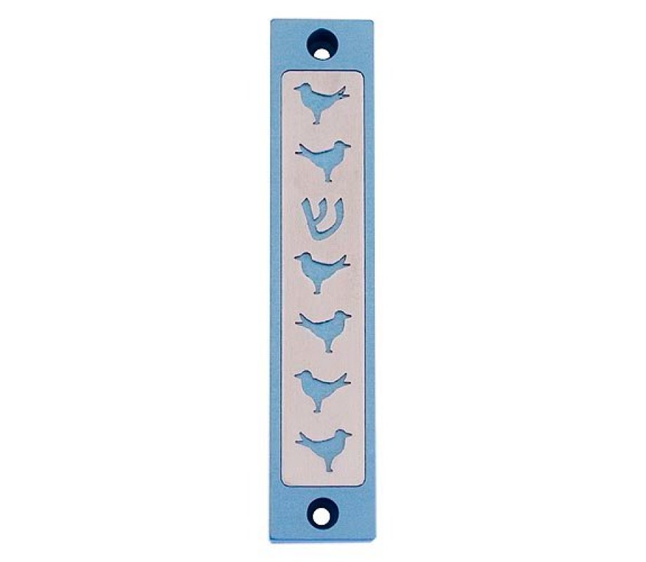 Mezuzah Case with Six Doves and Shin, In Light Colors, 4 Inches Height - Agayof