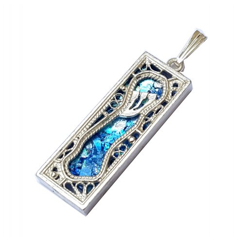 Mezuzah Pendant Necklace of Sterling Silver with Roman Glass and Filigree