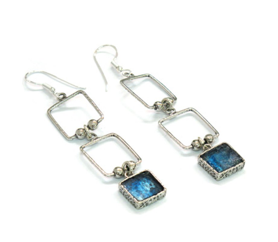 Michal Kirat Roman Glass Dangle Earrings with Sterling Silver Decorative Squares