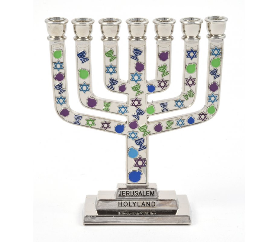 Mini 7-Branch Menorah with Decorative Colorful Judaic Symbols – 3.9