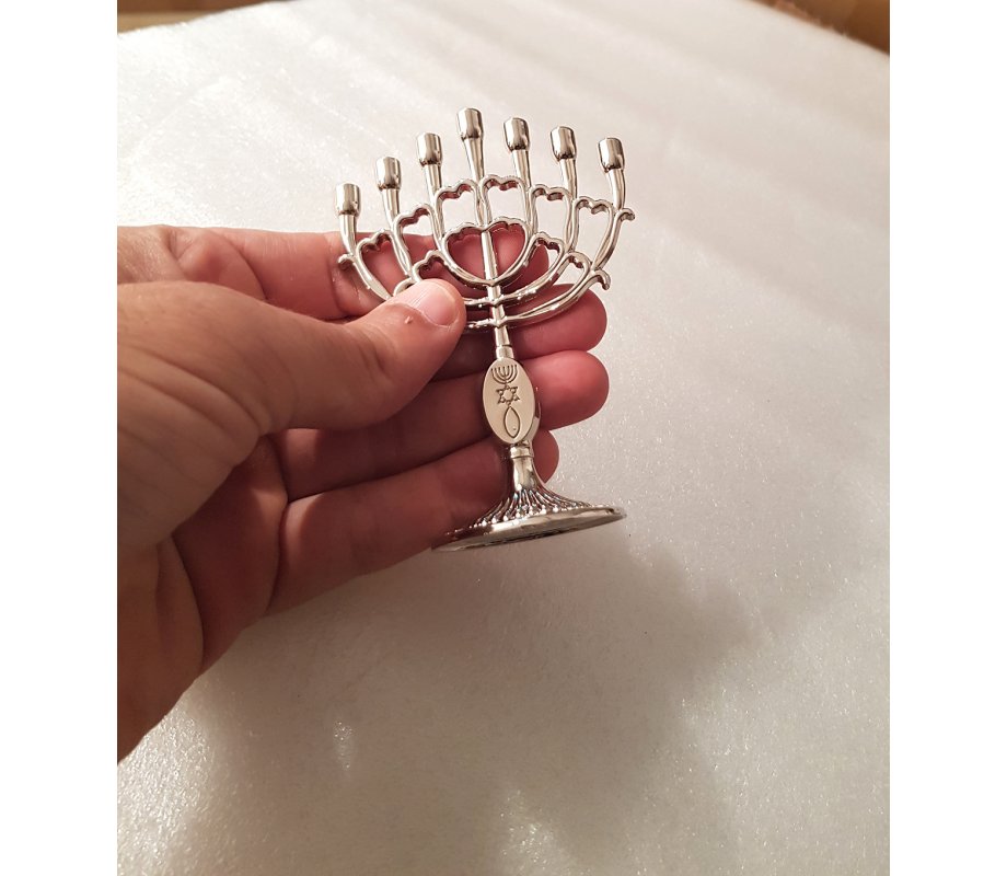 Mini Decorative 7 Branch Menorah with Fish Symbol, Silver - 4