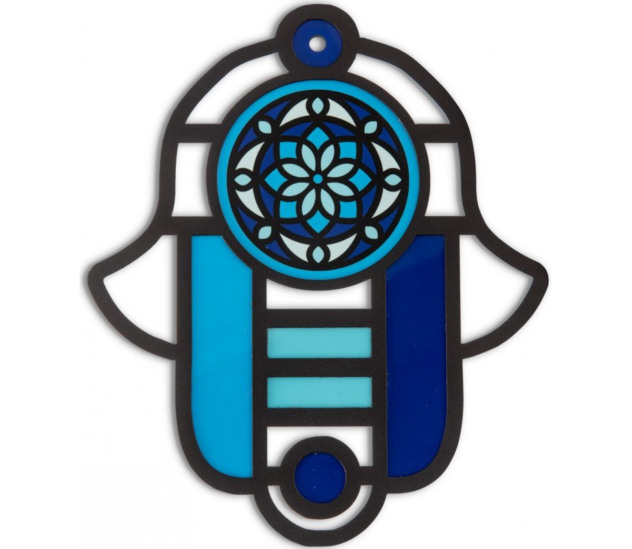 Modern Hamsa in Stained Glass Art with Floral Eye, Blue Shades - Dorit Judaica
