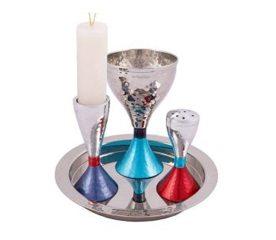 Modern Style 4-Piece Havdalah Set, Hammered Nickel in Colored Two Tone - Yair Emanuel