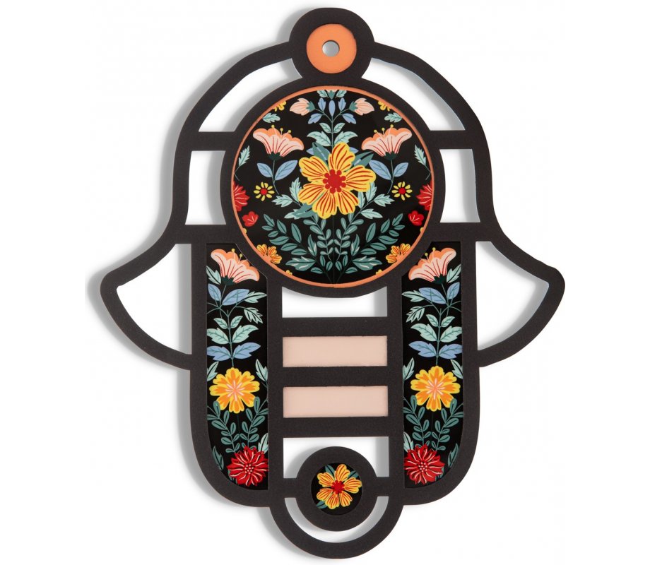 Modern Wall Hamsa in Stained Glass Art Style with Colorful Flowers - Dorit Judaica