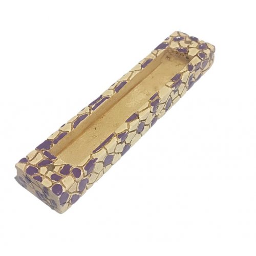 Mosaic Design Wood Mezuzah Case, Purple and Yellow with a Gold Shin Letter