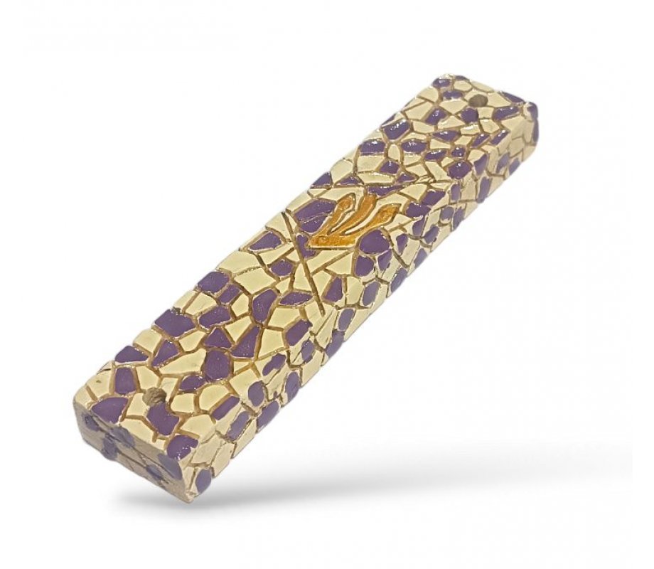 Mosaic Design Wood Mezuzah Case, Purple and Yellow with a Gold Shin Letter