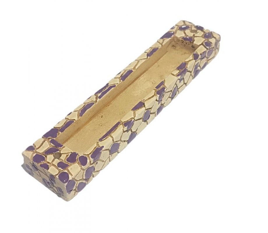 Mosaic Design Wood Mezuzah Case, Purple and Yellow with a Gold Shin Letter