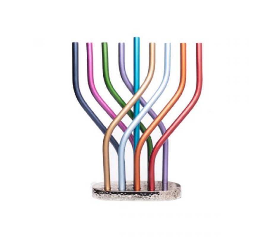 Multicolor Tubes Aluminum Hanukkah Menorah with Flame Design - Yair Emanuel