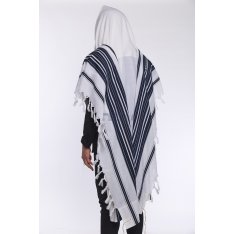 Mussaf Non Slip Wool Tallit with Navy Stripes