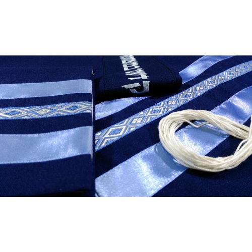 Navy Blue Tallit Set with Sporty Blue Stripes with Kippah and Bag by Ronit Gur