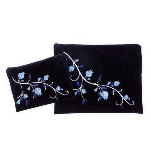 Navy Velvet Tallit Bag Set, Embroidered Shades-of-Blue Pomegranates - Ronit Gur