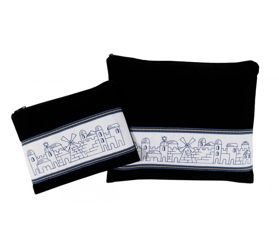 Navy Velvet Tallit and Tefillin Bag Set, Blue Embroidered Jerusalem - Ronit Gur
