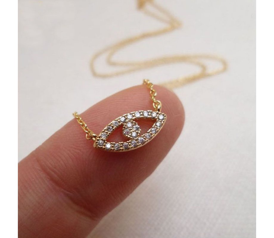 Necklace of .925 Sterling Silver & Yellow Gold Plate, Evil Eye Charm - Zircons