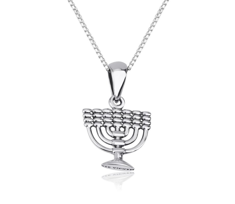 Necklace of Sterling Silver with 7-Branch Temple Menorah Image as Pendant