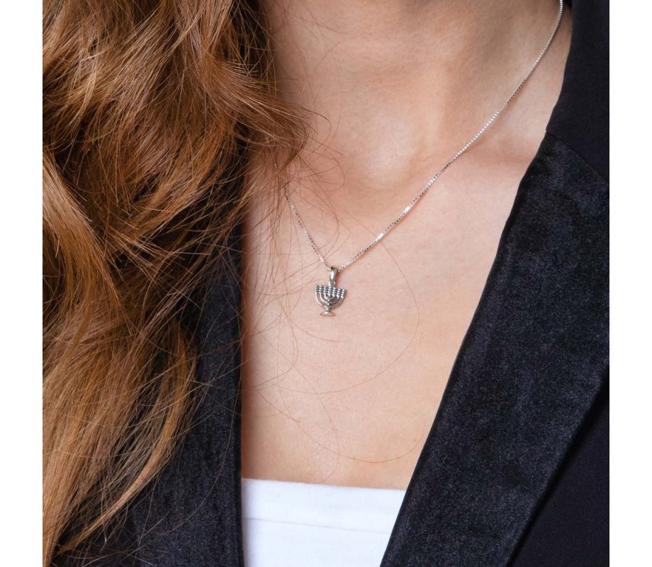 Necklace of Sterling Silver with 7-Branch Temple Menorah Image as Pendant
