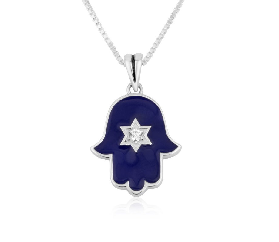 Necklace with Blue Enamel Hamsa Pendant and Star of David in Center - Sterling Silver