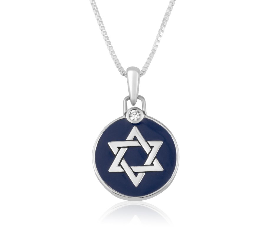 Necklace with Circular Enamel-Plated Pendant Set with Silver Star of David