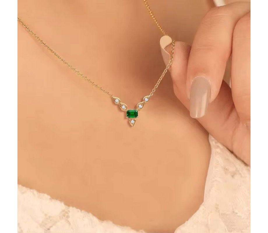 Necklace with Green and White Zircons Pendant – Choose Plated Yellow or Rose Gold