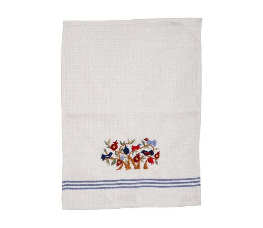 Netilat Yadayim Towel, Embroidered Pomegranate Tree with Birds - Yair Emanuel