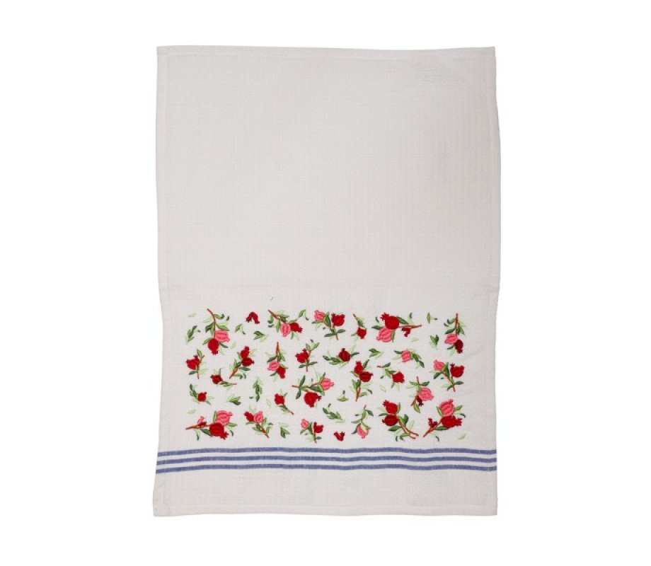 Netilat Yadayim Towel, Embroidered Small Pomegranates, Pink & Red - Yair Emanuel