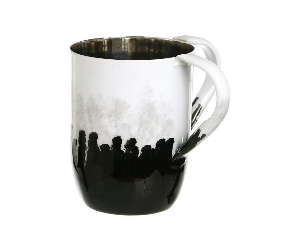 Netilat Yadayim Wash Cup, White Enamel with Black Smudge Design - Stainless Steel