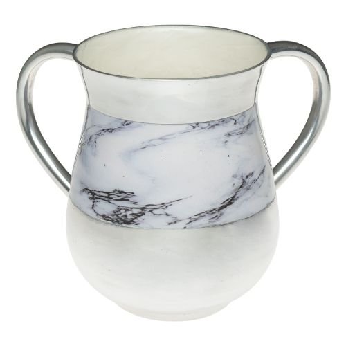 Netilat Yadayim Wash Cup, White Marble Design - Aluminum