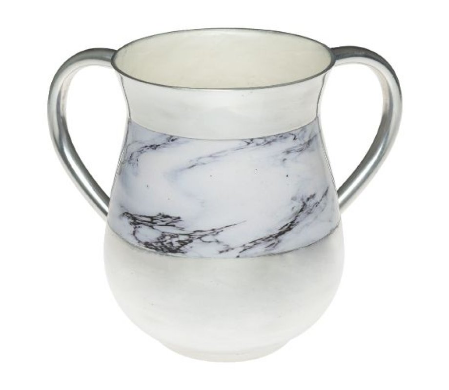 Netilat Yadayim Wash Cup, White Marble Design - Aluminum