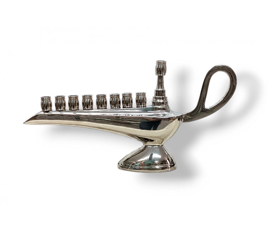 Nickel Aladdin Lamp Chanukah Menorah, For Candles - 9 Inches