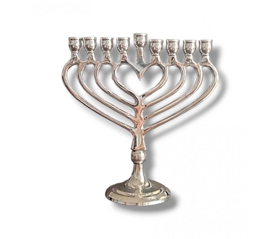 Nickel Metal Hanukkah Menorah with a Heart Shape, Candles Only - 7.4 Inches Height