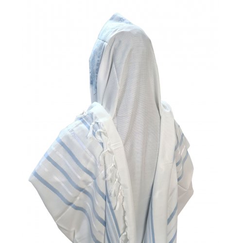 Non Slip Acrylic Prayer Shawl, Checkerboard Weave  Sky Blue and Silver Stripes