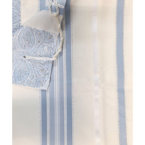 Non Slip Acrylic Prayer Shawl, Checkerboard Weave  Sky Blue and Silver Stripes