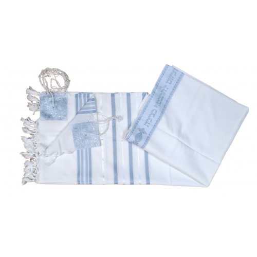 Non Slip Acrylic Prayer Shawl, Checkerboard Weave  Sky Blue and Silver Stripes