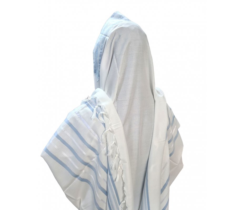 Non Slip Acrylic Prayer Shawl, Checkerboard Weave Sky Blue and Silver Stripes