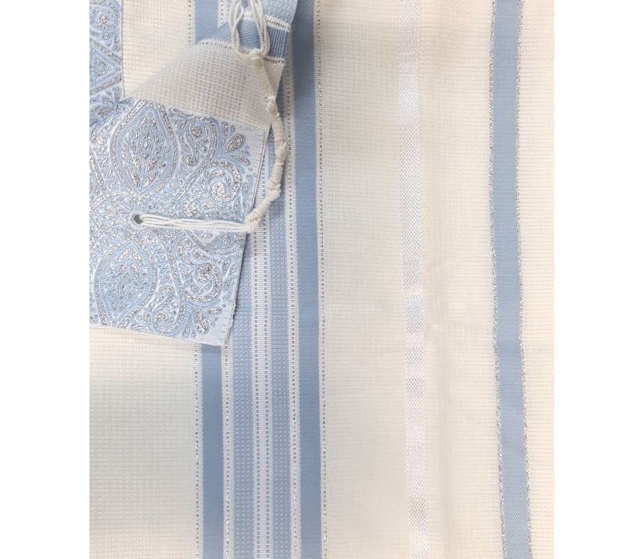 Non Slip Acrylic Prayer Shawl, Checkerboard Weave Sky Blue and Silver Stripes
